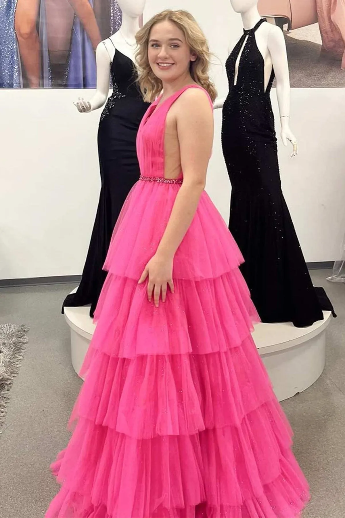 A Line V Neck Hot Pink Tulle Layered Long Prom Dress with Belt, V Neck Hot Pink Formal Graduation Evening Dress A1739
