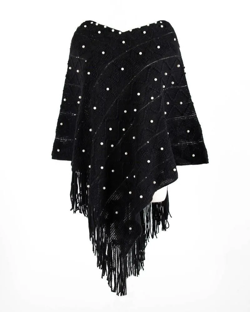 Women Poncho With Pearls & Fringes